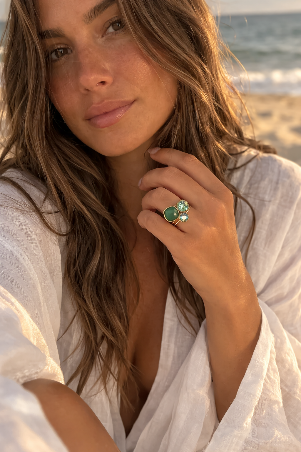 Bague Cristaux Swarovski vert ajutable en acier inoxydable